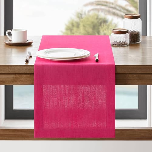 Image of ZeeMart Linen Textured Border Table Runner, 14 x 90 Inch Hot Pink | Mitered Corner Design, Medium Weight Fabric, Modern Farmhouse Style, Machine Washable Easy Care Everyday Table Scarf