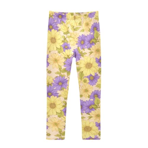 Yellow Purple Daisy Floral Girls Leggings Soft Stretch Workout Yoga Dance Pants for Kids Casual Tights
