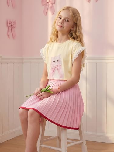 Image of Girls Ruffle Sleeves Shirt Cat Graphic Tee Cute Summer Short Sleeve Top for Teens 6-16Y