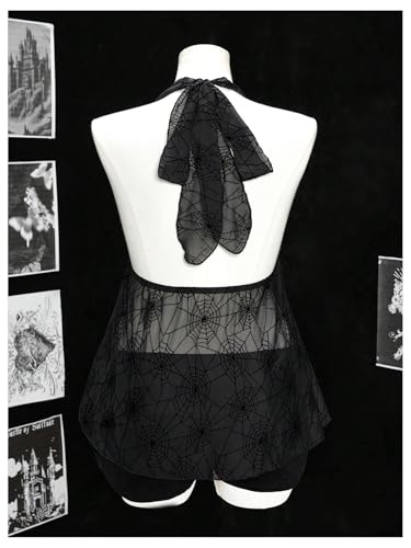 Verdusa Women's Plus Size Goth Spiderweb Mesh Sheer Halter Top Rave Club Slit Backless Peplum Tops2