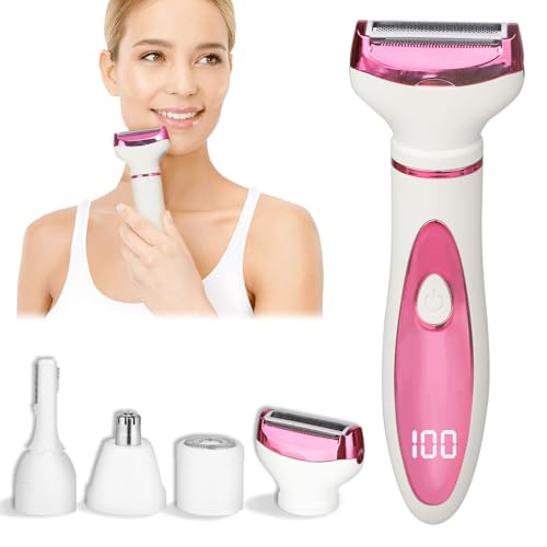 Beanify Electric Razor for Women Men,4 in 1 Painless Ladies Wet & Dry Body Razors and Facial Hair Remover,Rechargeable Led Display Hair Removal Kit for Nose Face Body Leg Bikini Arm Hair (Pink)