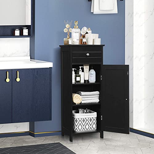 Luarane Wooden Bathroom Floor Storage Cabinet, Side Storage Organizer Cabinet With Drawer Adjustable Shelves, Free Standing Single Door Sideboard For Entryway Living Room Bedroom (Black) #TOP6