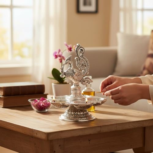 Image of Traditional Silver-Plated Peacock Pooja Thali, 5-Compartment Diya Stand with Ornate Design