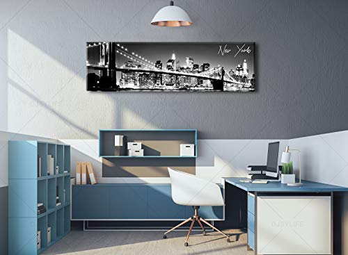 Image of New York Skyline Wall Art Black White Brooklyn Bridge Decor 13.8 inch x 47.3 inch | Night View Canvas Prints Nyc Building Panoramic Cityscap Picture Modern Artwork for Bedroom Office Decor Framed Ready to Hang