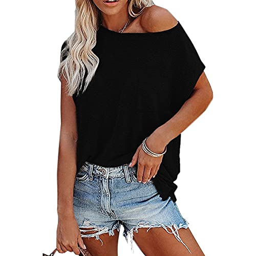 Tee Shirt Femme Manches Courtes Ete T-Shirt Casual Chemisiers et Blouses Tops Hauts Col Rond Tee (Noir C, L) Cover