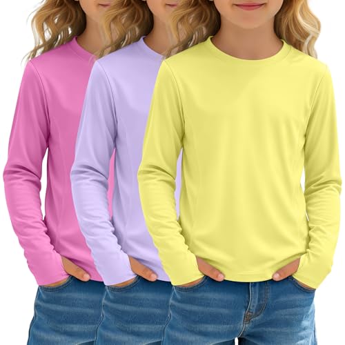 Image of 3 Pack Girls' Rash Guard Swim Long Sleeve Shirt UPF 50+ UV Sun Protection Quick Dry Tee with Thumb Holes 5-14Y
