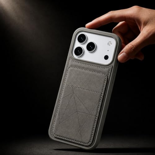 Image of amazon basics Premium Vegan Leather Back Cover with Card Holder and Integrated Mobile Stand for iPhone 17 Pro Max - Slim Shockproof Wallet Case with Geometric Stitching [Gray]