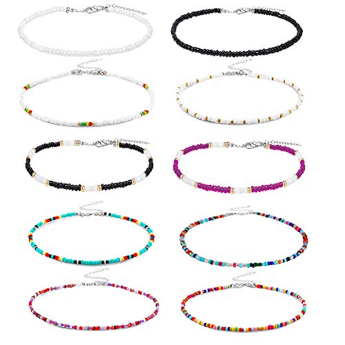 10 PCS Seed Bead Choker Necklace? K&Q Tiny Beaded Choker Boho Colorful Choker Necklace Chain Jewelry for Women and Girls, Adjustable 12-16 Inches