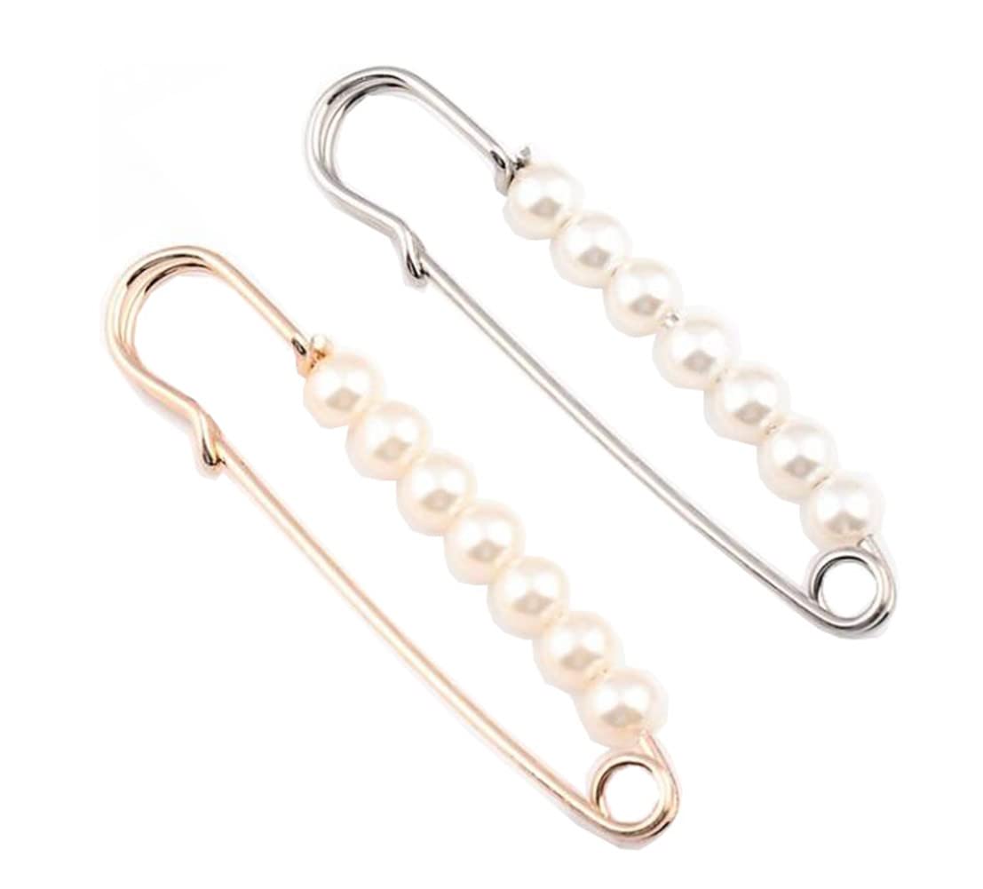 2Pcs Pearls Brooch Tightening Waistband Pin Sweater Shawl Clips Women Waistband Pins Decoration Dress Pant Buckle Brooches Set Accessories Jewelry