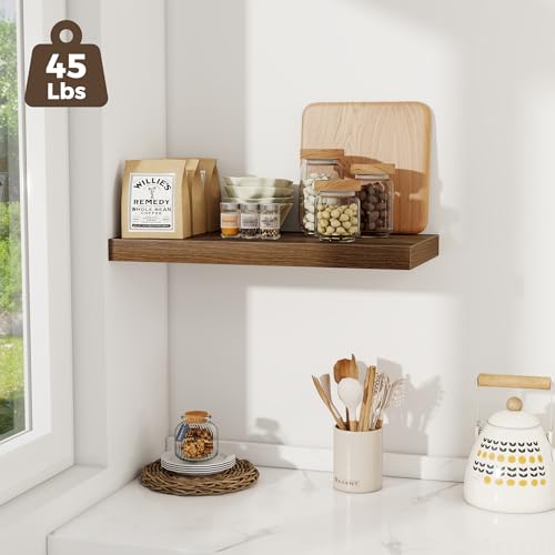 Image of Fun Memories 24 x 12 Inch Deep Floating Shelves, 12 Inch Deep Rustic Wooden Book Shelf, Extra Deeper & Thicker Hanging Shelves for Living Room, Bathroom, Bedroom, Kitchen, Office, Set of 2 (Walnut)