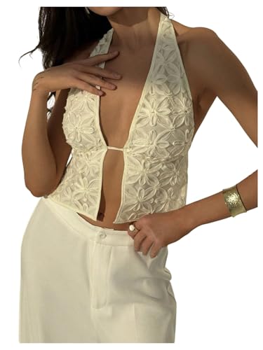 Verdusa Y2K Sexy Halter Top Floral Open Tie Back Going Out Crop Tops