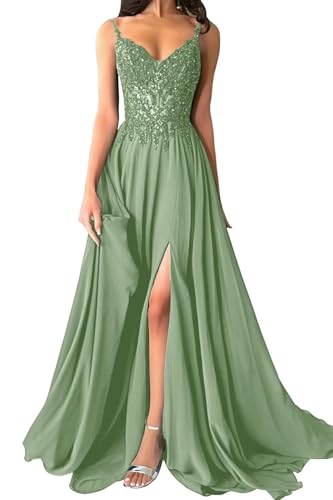 Damen Chiffon Ballkleider Spaghettiträger Spitzenapplikationen Abendkleider Elegant für Hochzeit A-Linie Ballkleid mit Schlitz