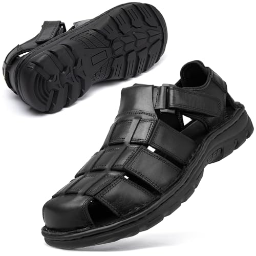 KOIMED Men's Fisherman Leather Sandals Summer Outdoor Sport Beach Hiking Casual Dress Sandles With Adjustable Back Strap Comfortable Memory Foam Closed Toe Black