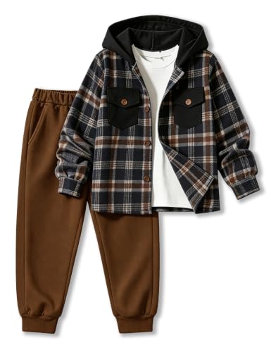 Image of Toddler Boy Clothes Plaid Hooded Shirt White T-shirt Top and Solid Color Pants 3Pcs Winter Boys Clothes