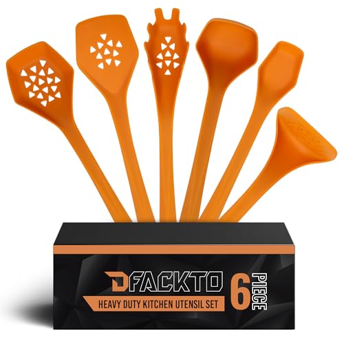 DFACKTO Heavy Duty Nylon Kitchen Utensils Set – 6-Piece High Heat Resistant Cooking Tools, Nonstick Spatula Set for Stovetop & Griddle – Cooking Utensils for All Types of Cookware – Orange