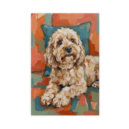 Impression artistique cockapoo déco chambre et bureau moderne grand format beige et bleu vif