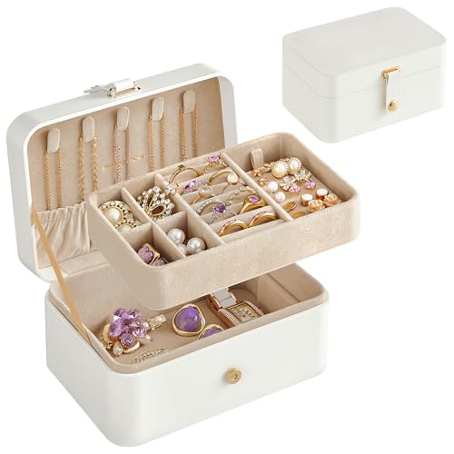 SONGMICS Colección GISELLA - Caja Joyero de Viaje, Caja de Joyas Pequeña, Navidad, 2 Niveles, Joyero Portátil, para Accesorios Grandes, Idea de Regalo, 11,6 x 16 x 7,5 cm, Blanco Nube JBC166W01