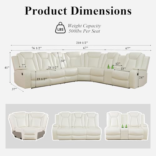 Image of Power Reclining Sectional Sofa Set - White Leather Couch with LED Lights, Storage Console, Cup Holders & USB Charging, Home Theater Recliner for Living Room