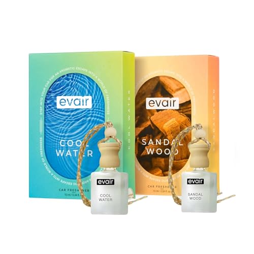 Image of Evair Hanging Car Air Freshener | Car Accessories Interior | Car Perfume Aroma with Essential Oils Fragrance in Glass Bottle with Wooden Diffuser Lid | 10 ml- Pack of 2 (Cool Water & Sandalwood)