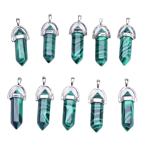 Asingeloo Genuine Quartz Stone Pendants Pointed Hexagonal Shape Crystal Gemstone Pendant Charms Bulk for diy Jewelry Making (10pcs Green Malachite)
