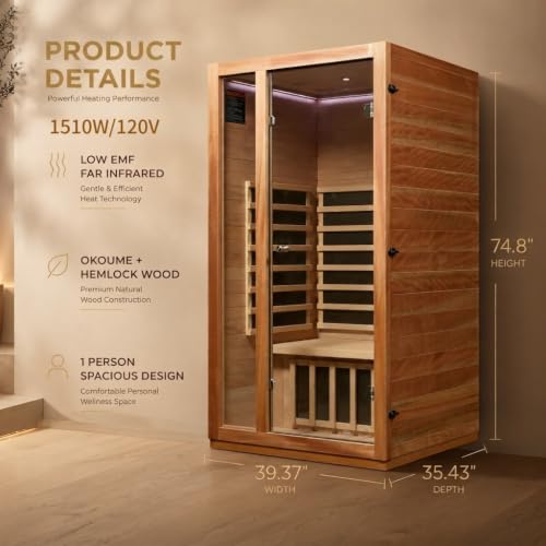 Image of Infrared Sauna,Low EMF,1-2 Person Sauna,Premium Wood,Indoor Sauna