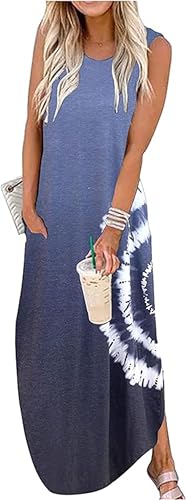Image of CHUNTIANRAN Women's 2023 Casual Loose Sundress Maxi Dress Sleeveless Summer Beach Long Dresses Tshirt Dress with Pockets