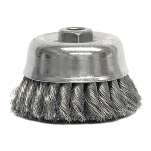 Image of Weiler 12756 4 inch Double Row Knot Wire Cup Brush, .014 inch Steel Fill, 5 /8 inch-11 UNC Nut, Made in the USA