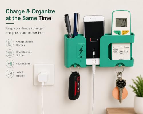 Image of CERLINK Wall Mobile Holder for Charging | Multi-Purpose Wall Mounted Phone Stand | Remote Holder with Pen & Key Storage | Mobile Charging Stand Organizer for Home & Office (Black)
