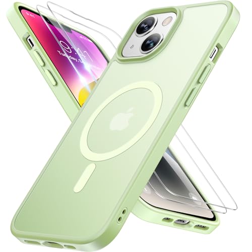 Image of Miracase Magnetic for iPhone 14 Case 6.1 inch (Compatible with MagSafe)(with 2X Screen Protectors) Military-Grade Protection, Anti-Fingerprint Translucent Matte Phone Case Cover, Light Green