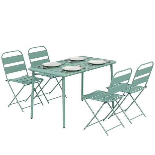 Outsunny Ensemble de Salle à Manger Extérieur 5 Pièces, pour 4 Personnes, Plateau à Lattes, Chaises Pliantes, Cadre Antirouille, Vert Clair