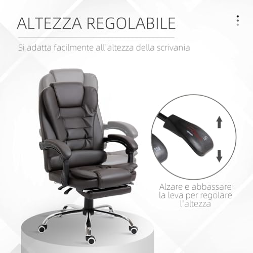 Sedia da Ufficio Ergonomica Presidenziale in Pelle PU, Poltrona da Ufficio Girevole con Schienale Alto Reclinabile 145°, Altezza Regolabile e Poggiapiedi Estraibile, color Caffè - Sedia gaming - Immagine 3