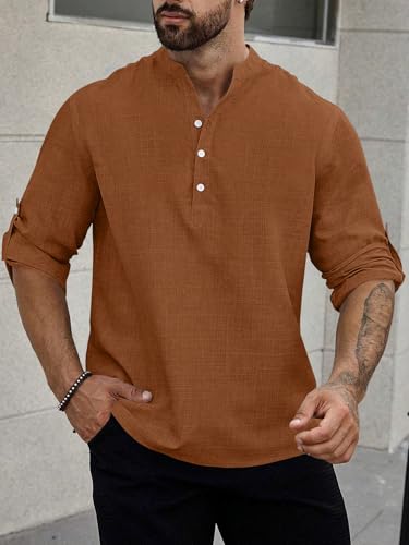 Image of GRECIILOOKS Kurta for Man | Shirt for Man Regular Fit | Mens Casual Shirts | Linen Shirt for Man's | Full Sleeve Shirts for Mens Stylish | Mandarin Collar | Kurta Placket Style