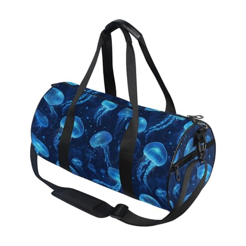 Blue Jellyfish Sports Duffel Bag Full Print Barrel Gym Bag with Side Zipper Pocket and Inner Compartment, Durable Lightweight Fabric for Sports, Training, Travel and Outdoor Use