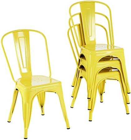 Nazhura Metal Dining Chair Farmhouse Tolix Style for Kitchen Dining Room Café Restaurant Bistro Patio, 18 Inch, Stackable, Waterproof Indoor/Outdoor (Sets of 4) (Steel Seat, Yellow)
