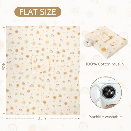 Image of Car Seat Cover Baby Girls Boys, Summer Cotton Baby Car Seat Cover for Carseat, Comfortable Muslin Nursing Cover, Soft Baby Blanket, Breathable Lightweight Infant Stroller Canopy, Rainbow