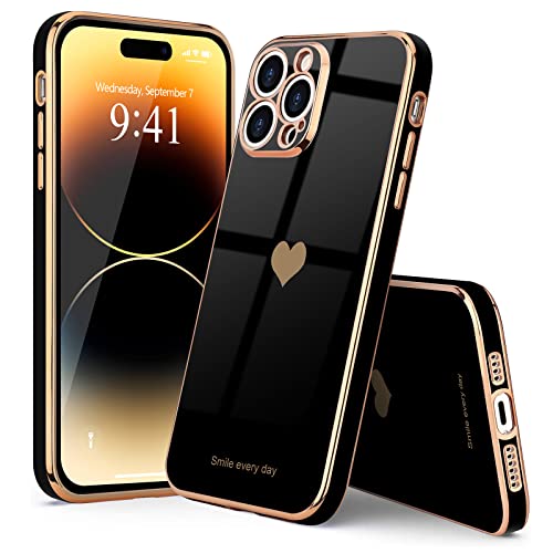 Teageo For Iphone 14 Pro Max Case For Women Girl Cute Love Heart Luxury Plating Soft Bling Back Cover Raised Full Camera Protection Bumper Silicone Shockproof Phone Case For Iphone 14 Pro Max, Black #TOP6