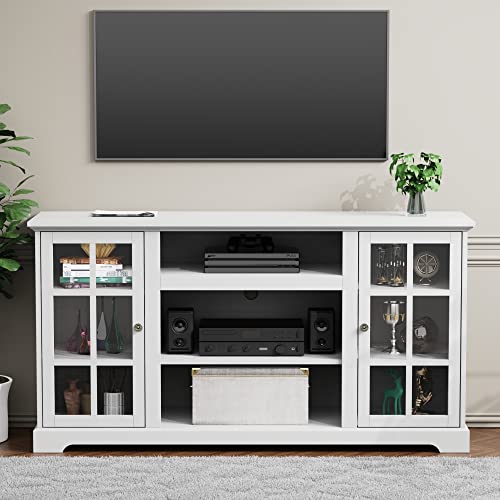 Lghm White Tv Stand, Entertainment Center For 65 Inch Tv, 58" Modern Farmhouse Tv Stand With Glass Door, Tall Tv Console Or Storage Cabinet And Sideboard Buffet #TOP1