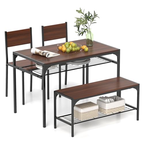 Image of Giantex Dining Table Set for 4, Kitchen Table with Chairs & Bench, Storage Racks, Metal Frame, 4-Piece Space-Saving Dinette Set for Dining Room, Breakfast Nook, Small Space, Apartment, Walnut