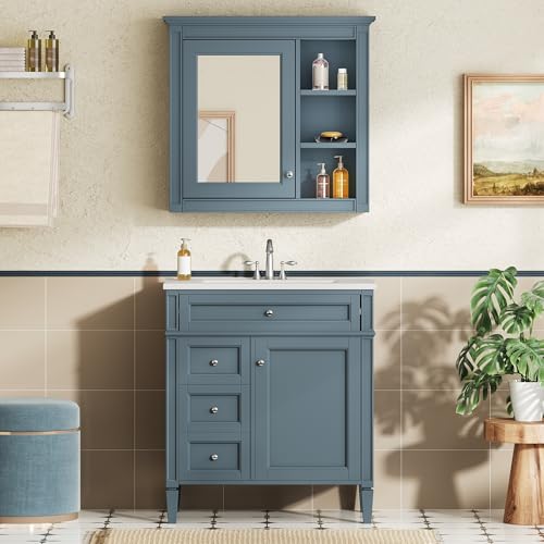 Image of Merax 30 Inch Bathroom Vanity with Sink Set, Modern Bathroom Vanity Storage Cabinet with Matching Mirror Medicine Cabinet, Solid Wood Frame,Painted Finish, 2 Drawers and 1 Tip-Out Drawer, Indigo