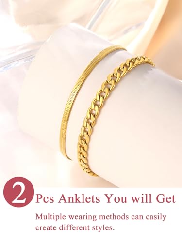 Image of FOCALOOK Anklet Bracelets Set for Women, 14K Gold Plated Waterproof Cuban Link Chain Layered Anklets Set for Plus Size Ankle 8-10.5 Inch Adjustable Summer Beach Jewelry Gift