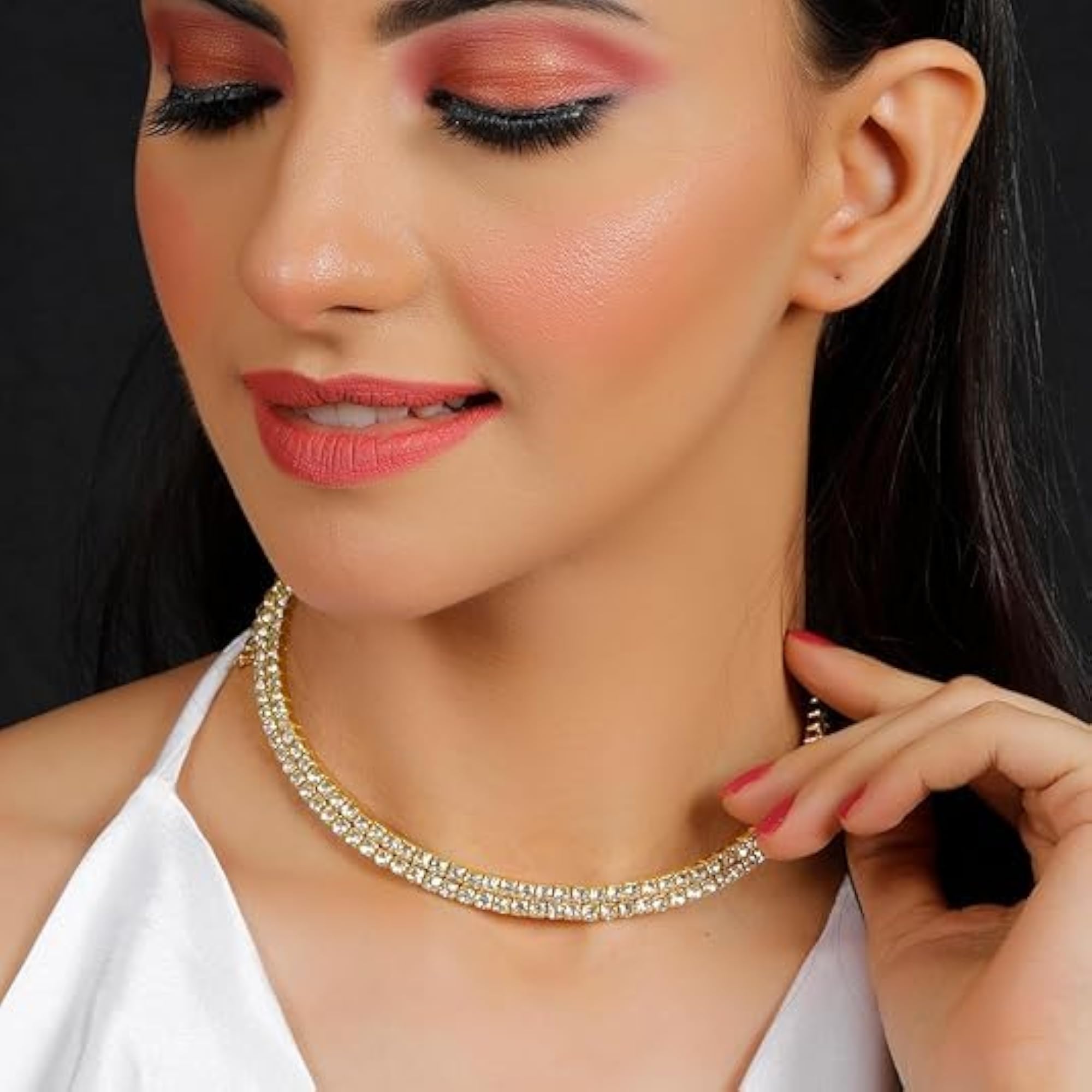 Double Line Diamond Necklace with 24 Synthetic Stones