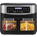 Heißluftfritteuse Doppelkammer Airfryer 12L - Heissluftfriteuse XXL Friteuse mit Sichtfenster, LED Touchscreen, 2 Fächer, 10 Programmen, Sync Finish & Dual Cook, Dörrer Funktion, 2600W