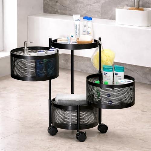 Image of RADIANT 3 Layer Multipurpose Plastic Trolley with Dish Rack for Kitchen Fruit Vegetable Storage Basket Kitchenware Food, Snacks, Toys, Tiered Shelf (Black) (Trolley Round-3 Layer)