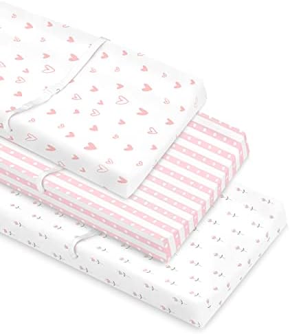 Cambria Baby 100% Organic Cotton Changing Pad Covers or Cradle Sheets with Reinforced Safety Strap Holes. Soft, Pre-Shrunk, and Machine Washable. Girl 3 Pk