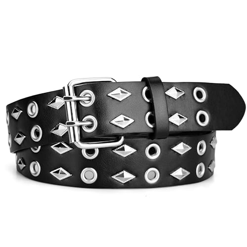 Image of Grommet Belts for Women Men, Studded Black Leather Belt for Jeans - Black with Rhombus, S