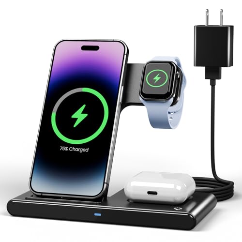 Wireless Charger iPhone Charging Station: 3 in 1 Charger Stand Multiple Devices for Apple – iPhone 16 15 14 Pro Max 13 12 11 – Watch 10 9 8 7 6 5 4 3 2 SE and Ultra Series – Airpods 4 3 2 Pro