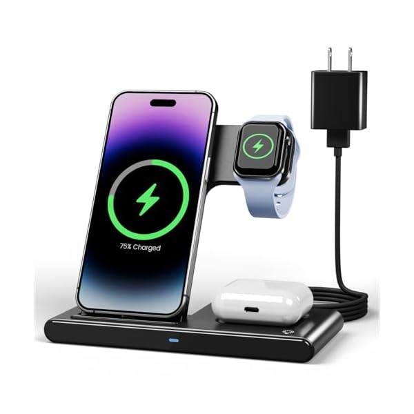 Wireless Charger iPhone Charging Station: 3 in 1 Charger Stand Multiple Devices for Apple – iPhone 16 15 14 Pro Max 13 12 11 – Watch 10 9 8 7 6 5 4 3 2 SE and Ultra Series – Airpods 4 3 2 Pro