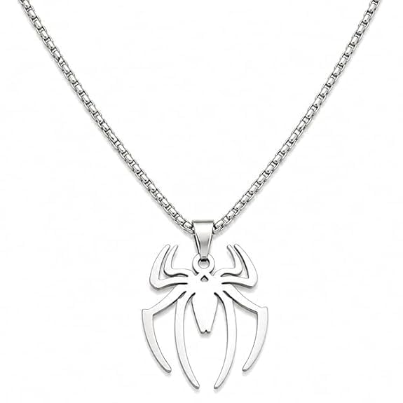 INDIESTYLE Spider Pendant Necklace for Men, Silver Stainless Steel Chain