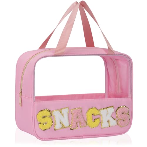 WELIDAY Chenille Letter Snacks Bag Zipper Pouch TPU&Nylon Clear Cosmetic Bag with Handle Toiletry Bags Travel Makeup Bag Multi-purpose Clear Pouches For Women (SNACKS, Pink)