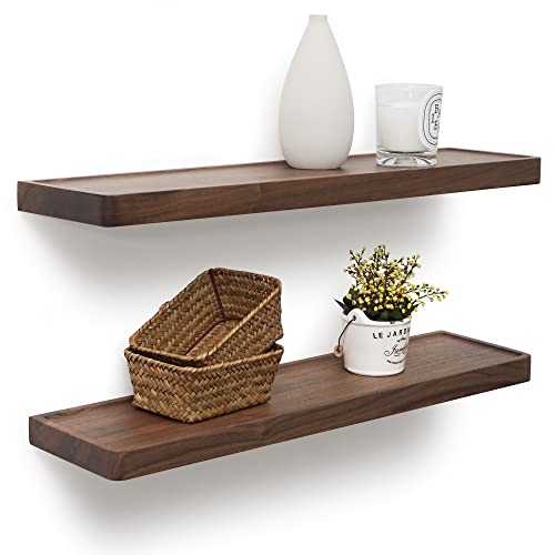 Axeman Walnut Floating Shelves for Wall 24 Inch 24W x 6D Solid Walnut Wood Shelves Set of 2 Rustic Natural Wooden Shelves for Room Wall Decor Solid Wood Shelves for Living Room Bedroom Kitchen